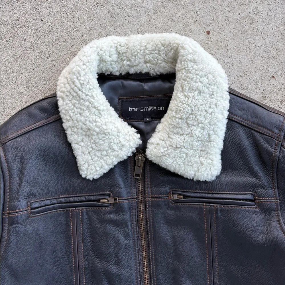 Vintage European Transmission Leather Bomber Jacket Sherpa Collar Men’s Large - Picture 3 of 12